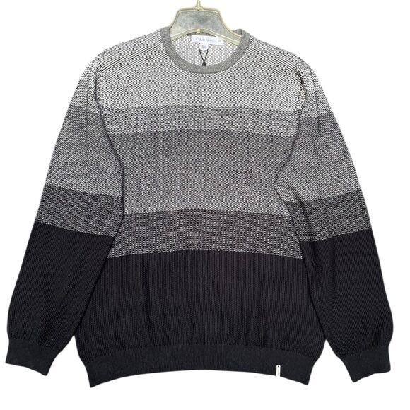 Calvin Klein Men’s Black Gray Striped Knit Pullover Sweater Sz L NWT 100% Cotton - Picture 2 of 15